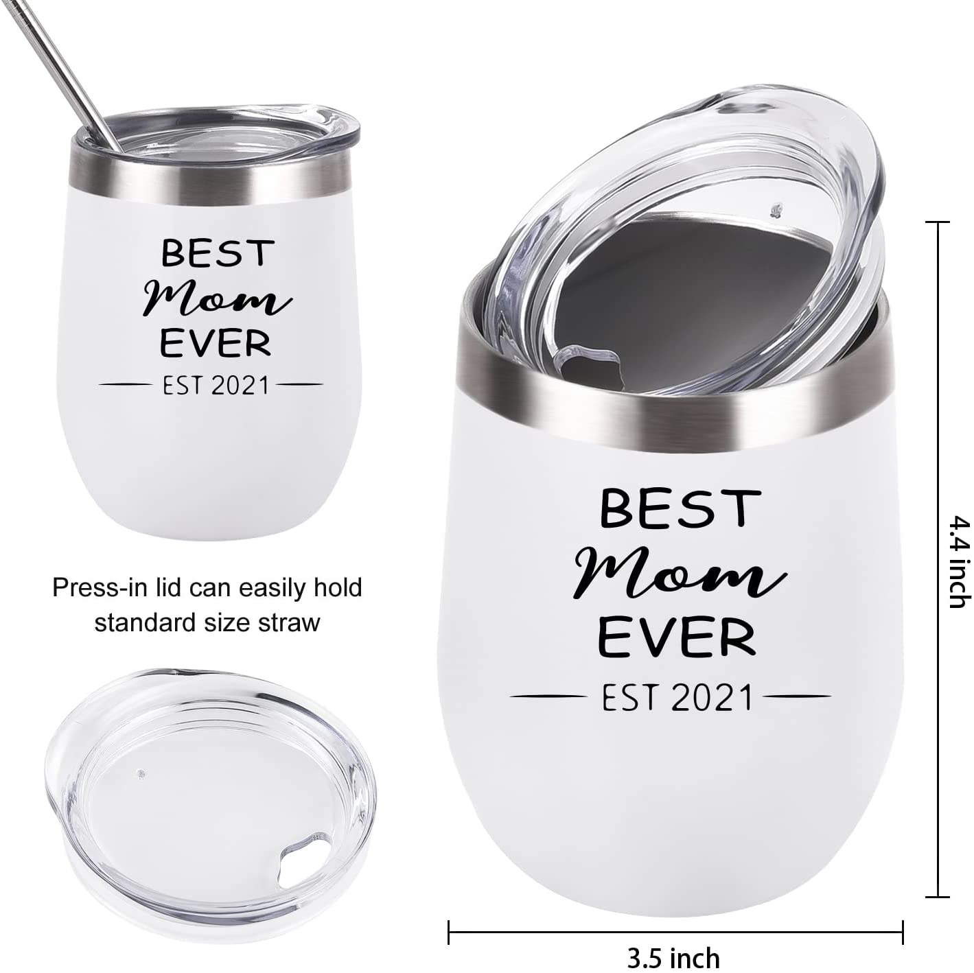 New Parents Gifts, Best Dad and Mom Ever Est 2021 Tumbler Set, New Mom and Dad Parents Baby Shower New Pregnancy Gift, Insulated Stainless Steel Wine Tumbler with Lid Straw(12Oz, Black and White)