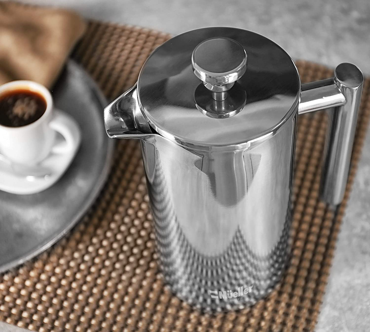 Mueller French Press Double Insulated 304 Stainless Steel Coffee Maker 4 Level Filtration System, No Coffee Grounds, Rust-Free, Dishwasher Safe