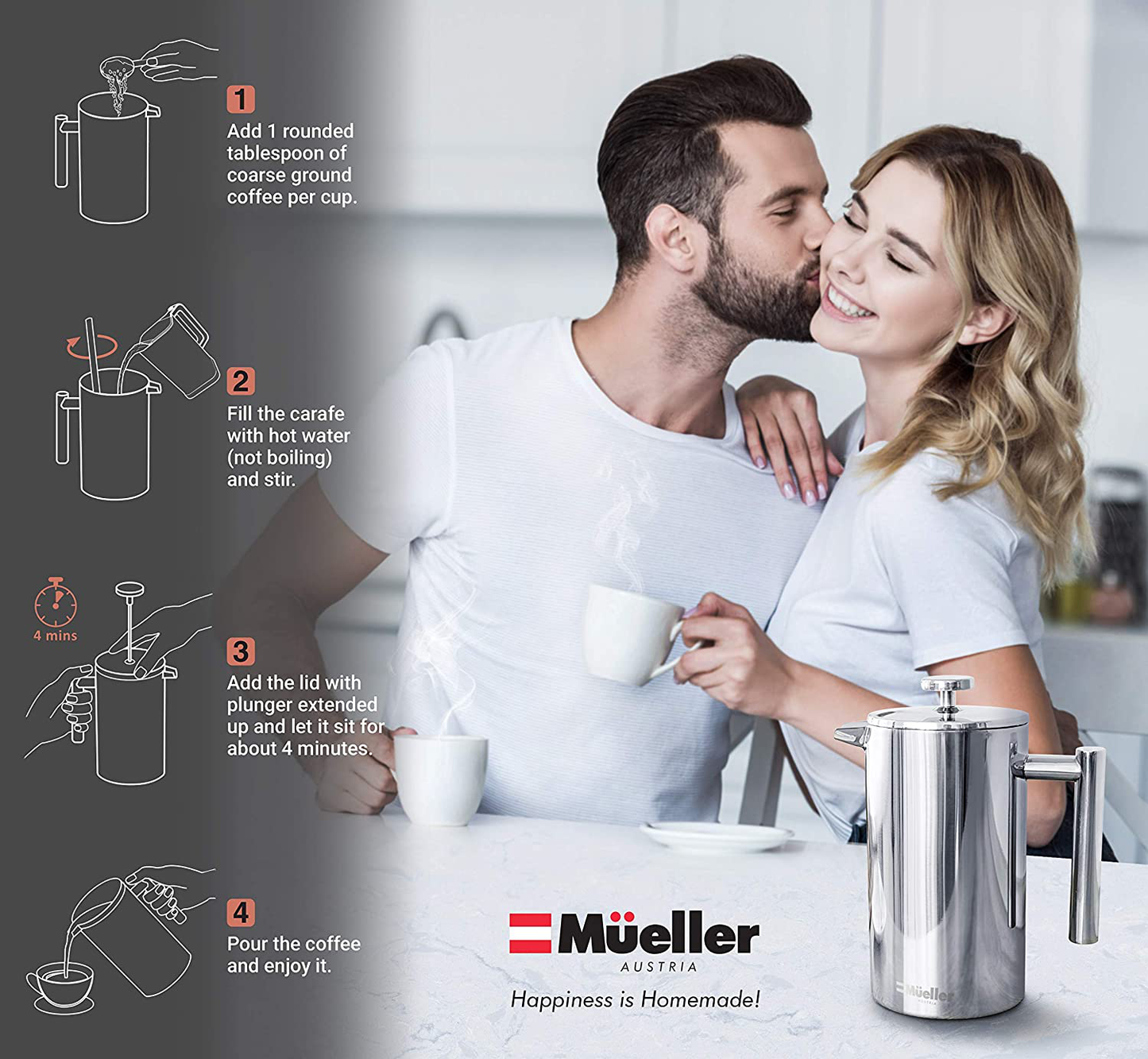 Mueller French Press Double Insulated 304 Stainless Steel Coffee Maker 4 Level Filtration System, No Coffee Grounds, Rust-Free, Dishwasher Safe