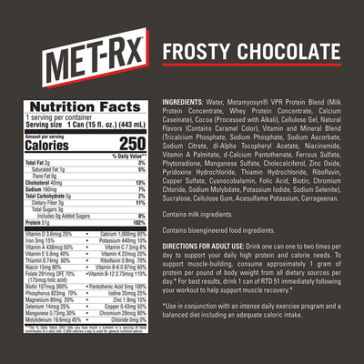 Met-Rx Ready to Drink Protein Shake, Keto Diet Friendly, Snack, Gluten Free, 51G of Protein, with Vitamin A, Vitamin D, and Zinc to Support Immune Health, Frosty Chocolate, 15Oz, Pack of 12