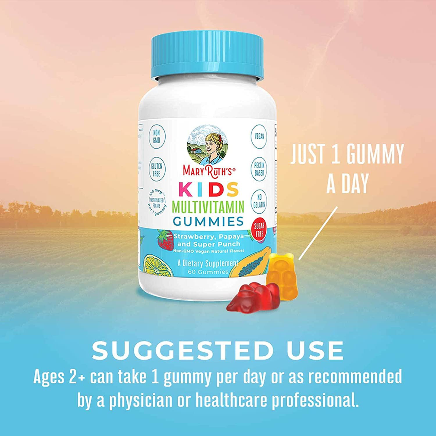 Vegan Kids Multivitamin Gummies by MaryRuth's | 2 Month Supply | Organic Ingredients for Immunity Bones Muscles | 260 mcg Methylfolate Sugar Free Non-GMO | Great Tasting Chewable Vitamins for Children