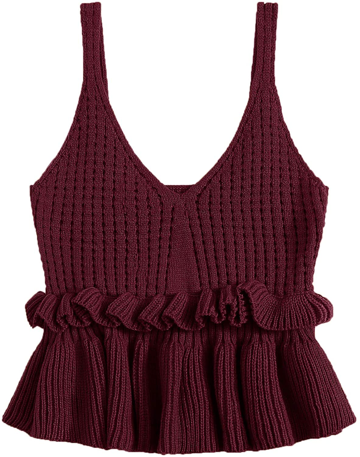 SweatyRocks Women's Casual Knit Top Sleeveless Ruffle Hem V Neck Peplum Crop Tank Top