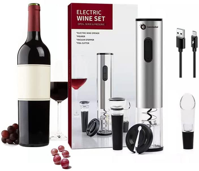 Electric Wine Opener， Stainless Steel Automatic Wine Opener Set with Wine Aerator Pourer &Foil Cutter&Vacuum Stoppers(4 Piece Gift Set)