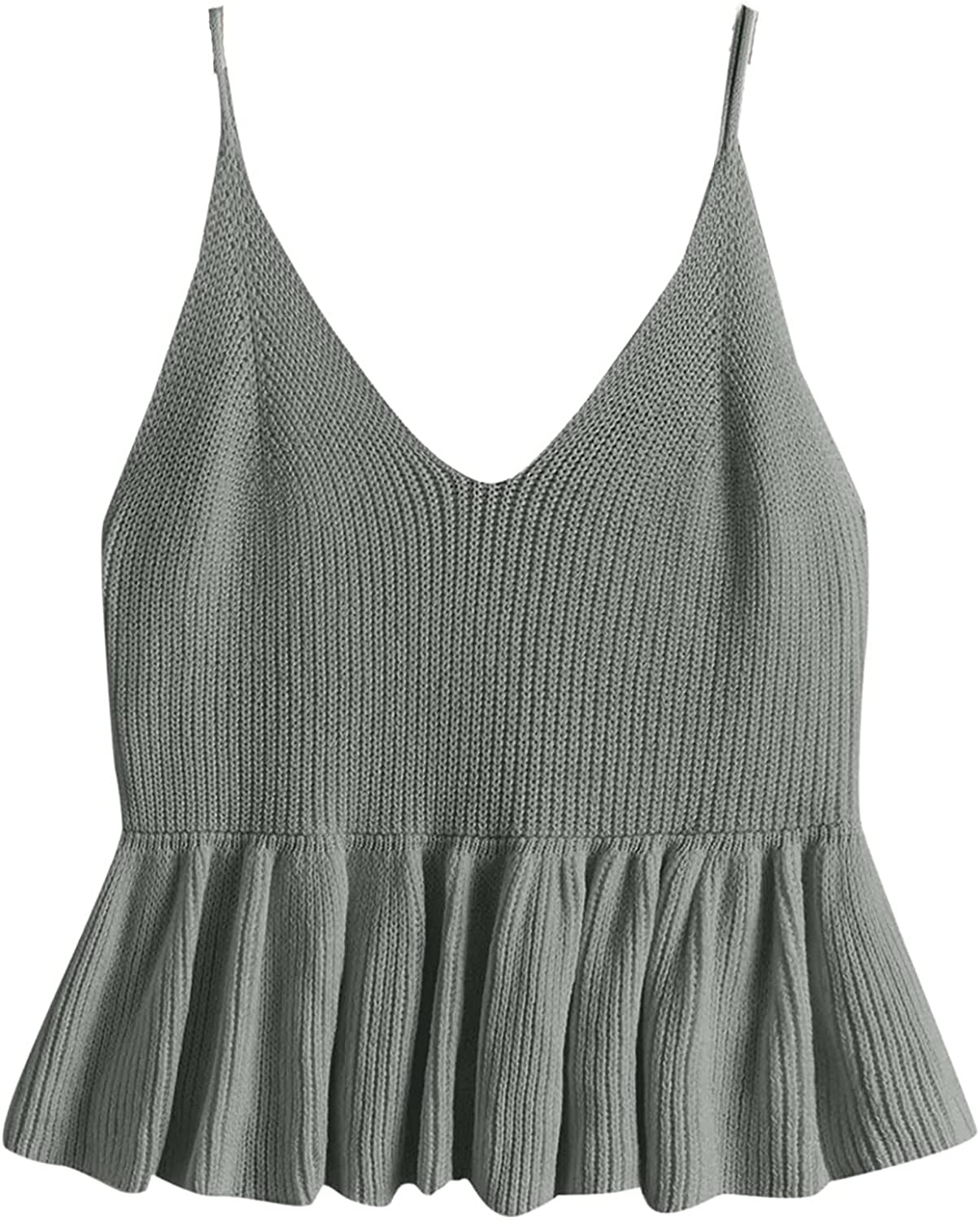 SweatyRocks Women's Casual Knit Top Sleeveless Ruffle Hem V Neck Peplum Crop Tank Top