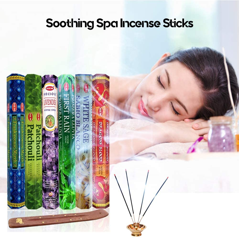 Six Most Popular Hem Incense Scents of All Time, 120 Sticks Total, with Free Burner - 20 Sticks Each of Dragon S Blood, Frankincense & Myrrh, Patchouli, Precious Lavender, First Rain, and White Sage