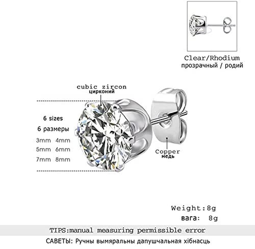 6 Pair Stainless Steel Mens Womens Stud Earrings Set Black and Clear round Cubic Zirconia Inlaid Pierced Hypoallergenic 3-5Mm(12Pcs,3 Pairs Black,3 Pairs Clear)