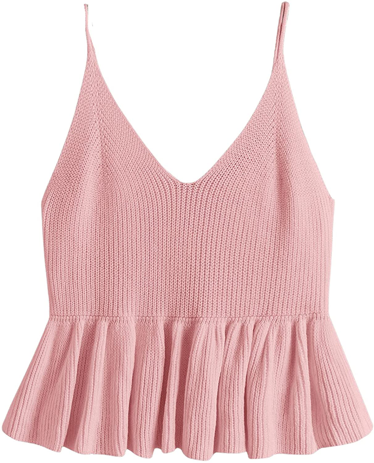 SweatyRocks Women's Casual Knit Top Sleeveless Ruffle Hem V Neck Peplum Crop Tank Top