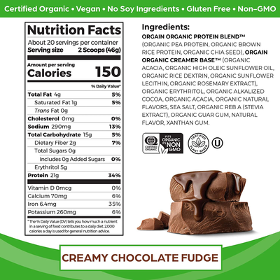Orgain Organic Plant Based Protein Powder,Creamy Chocolate Fudge -21G of Protein, Vegan, Low Net Carbs,Non Dairy,Gluten Free, No Sugar Added, Soy Free, Kosher,Non-Gmo, 2.03 Lb (Packaging May Vary)