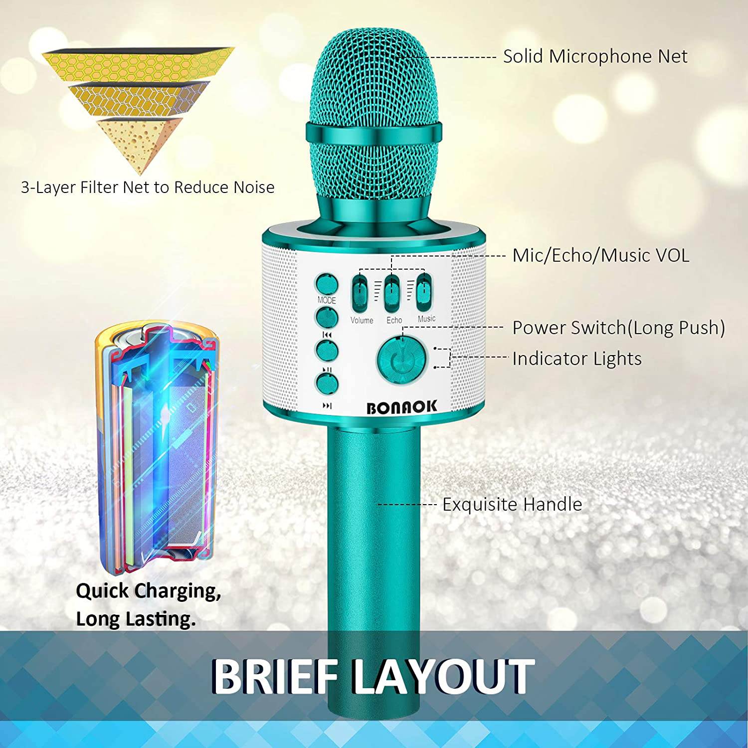 BONAOK Karaoke Microphone Bluetooth Wireless, Portable Karaoke Machine Mic Speaker for Kids and Adults Home Party Birthday (Rose Gold Plus)