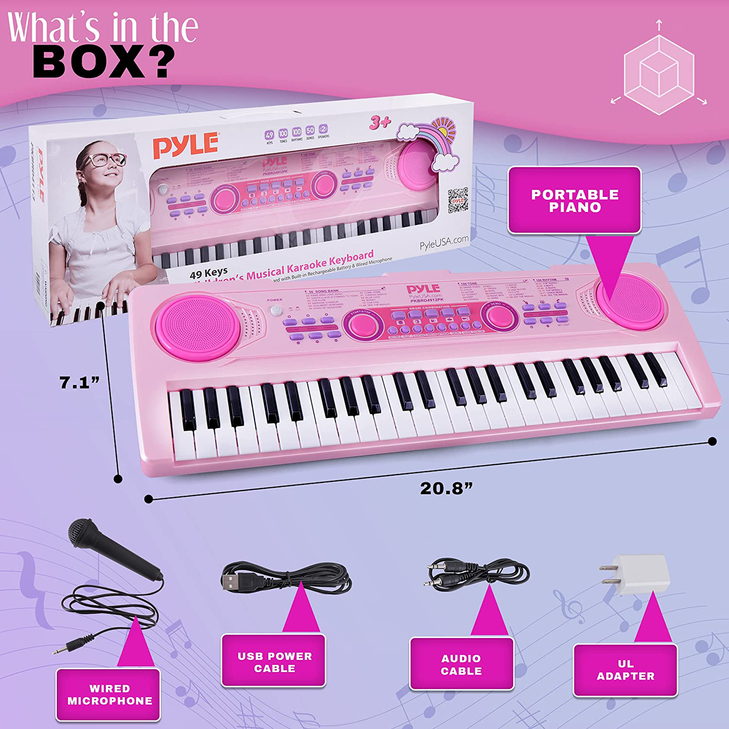 Pyle, Electric Keyboard 49 Keys-Portable Digital Musical Karaoke Piano Keyboard-100 Tunes/Rhythms, 50 Demos, Rechargeable Battery-Wired Microphone-Beginners Kids