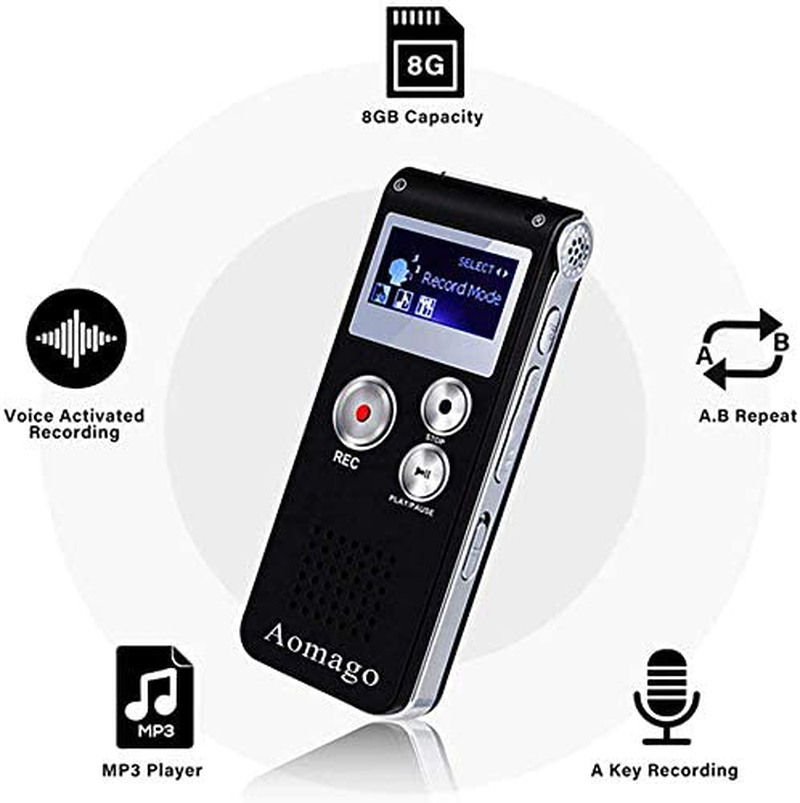 Digital Voice Recorder Voice Activated Recorder for Lectures, Meetings, Interviews Aomago 8GB Audio Recorder Mini Portable Tape Dictaphone with Playback, USB, MP3