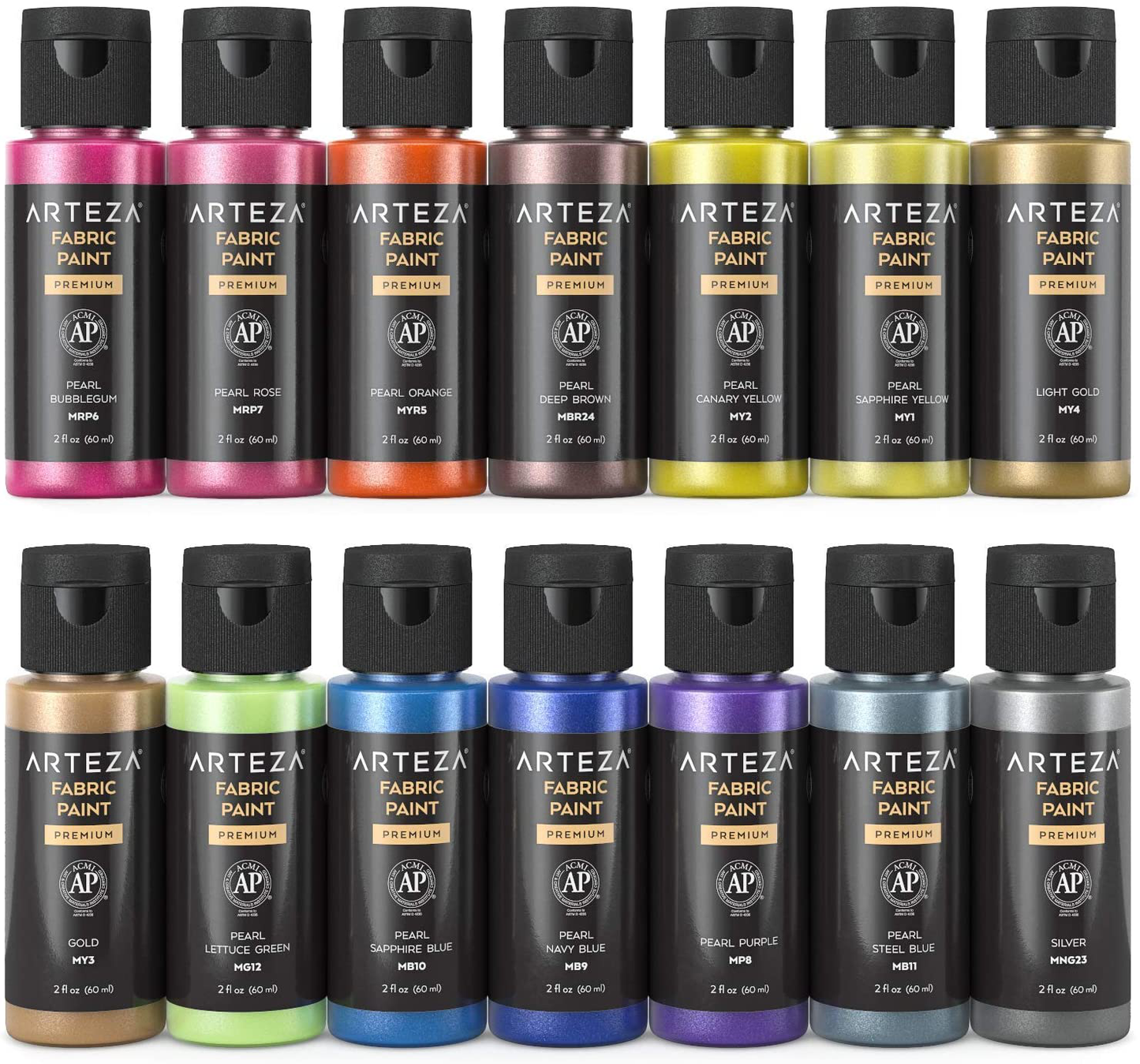 Arteza Metallic Fabric Paint Permanent Colors, Washer & Dryer Safe, Textile Paint for Clothes, T-Shirts, Jeans, Bags, Shoes, DIY Projects & Canvas