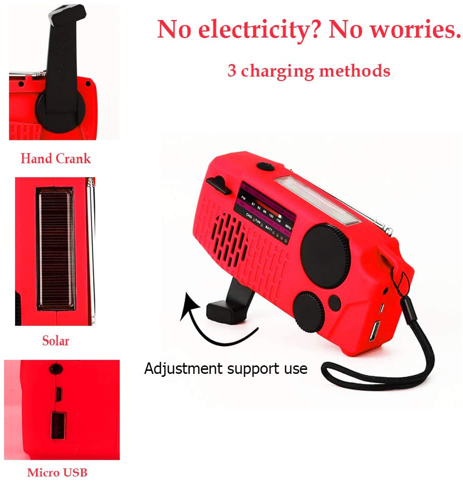 Portable Solar Emergency Hand Crank AM FM NOAA Weather Radio for Home Outdoor with LED Flashlight, 2000mAh Power Bank USB Charger, SOS Alarm,Battery Display