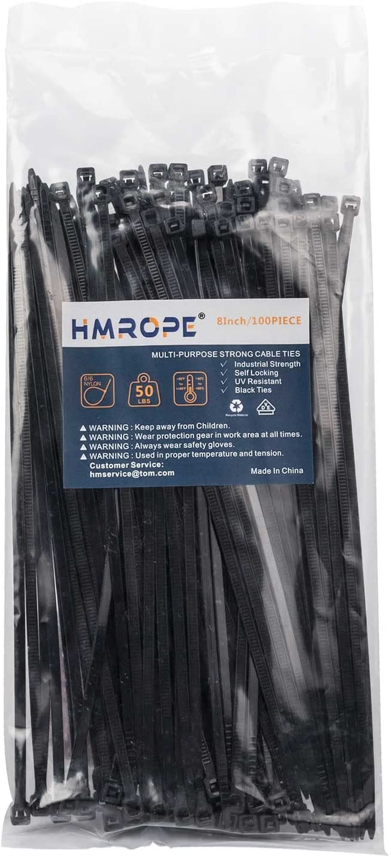 HMROPE 100Pcs Cable Zip Ties Heavy Duty 8 Inch, Premium Plastic Wire Ties with 50 Pounds Tensile Strength, Self-Locking Black Nylon Tie Wraps for Indoor and Outdoor