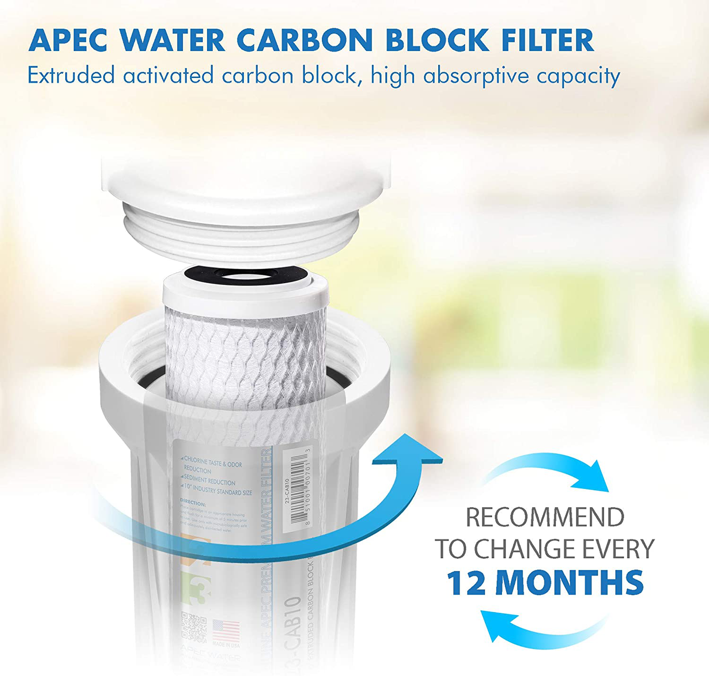 APEC Water Systems Filter-Set US Made Double Capacity Replacement Stage 1-3 for Reverse Osmosis System, White & DE 10" Inline Carbon Filter with ¼” Quick Connect For Reverse Osmosis Filter System