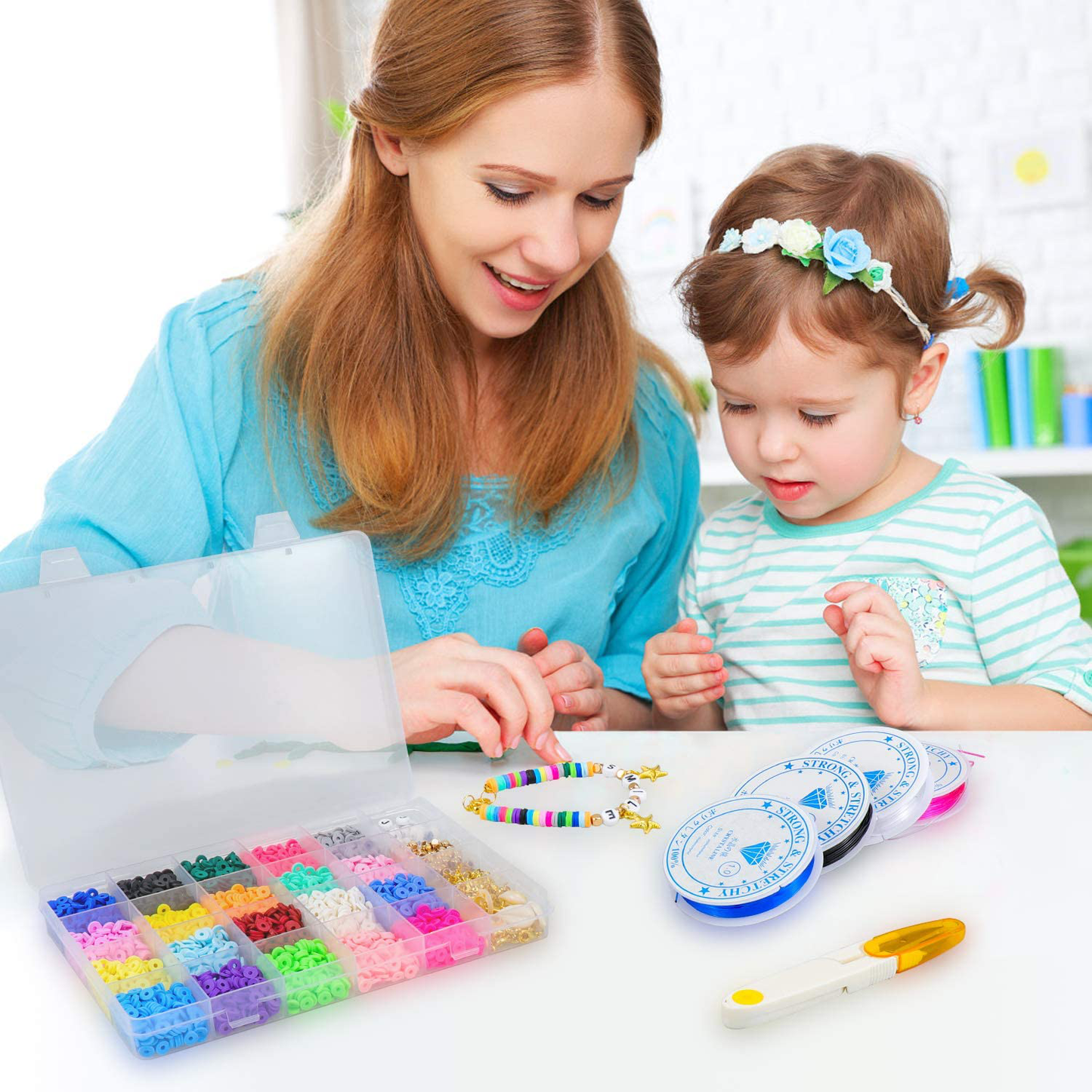 Zoyomax 4000 Pcs Clay Beads 6mm 20 Colors Flat Round Polymer Clay Spacer Beads with Pendant Charms Kit and 4 Roll Elastic Strings