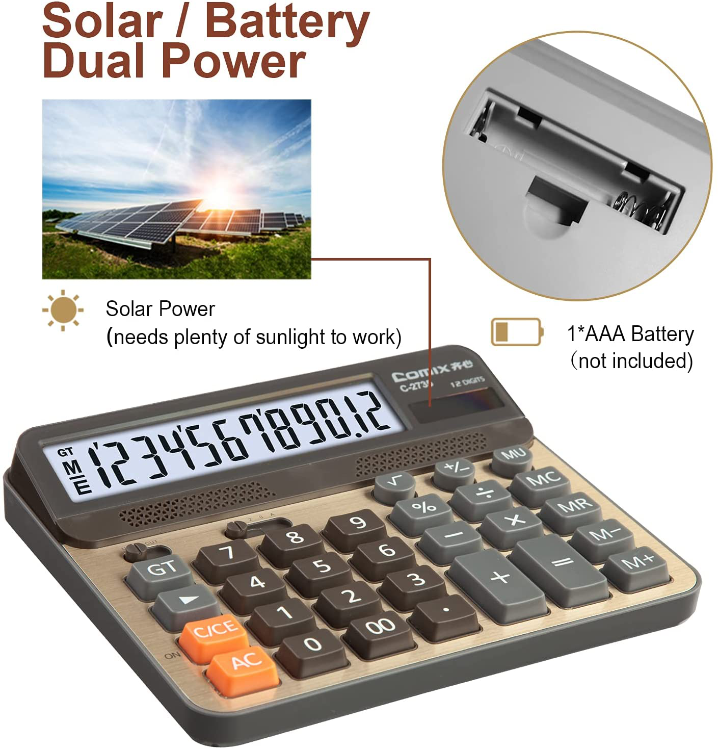 Comix Desktop Calculator, Large Computer Keys, 12 Digits Display, Champaign Gold Color Panel, C-2735
