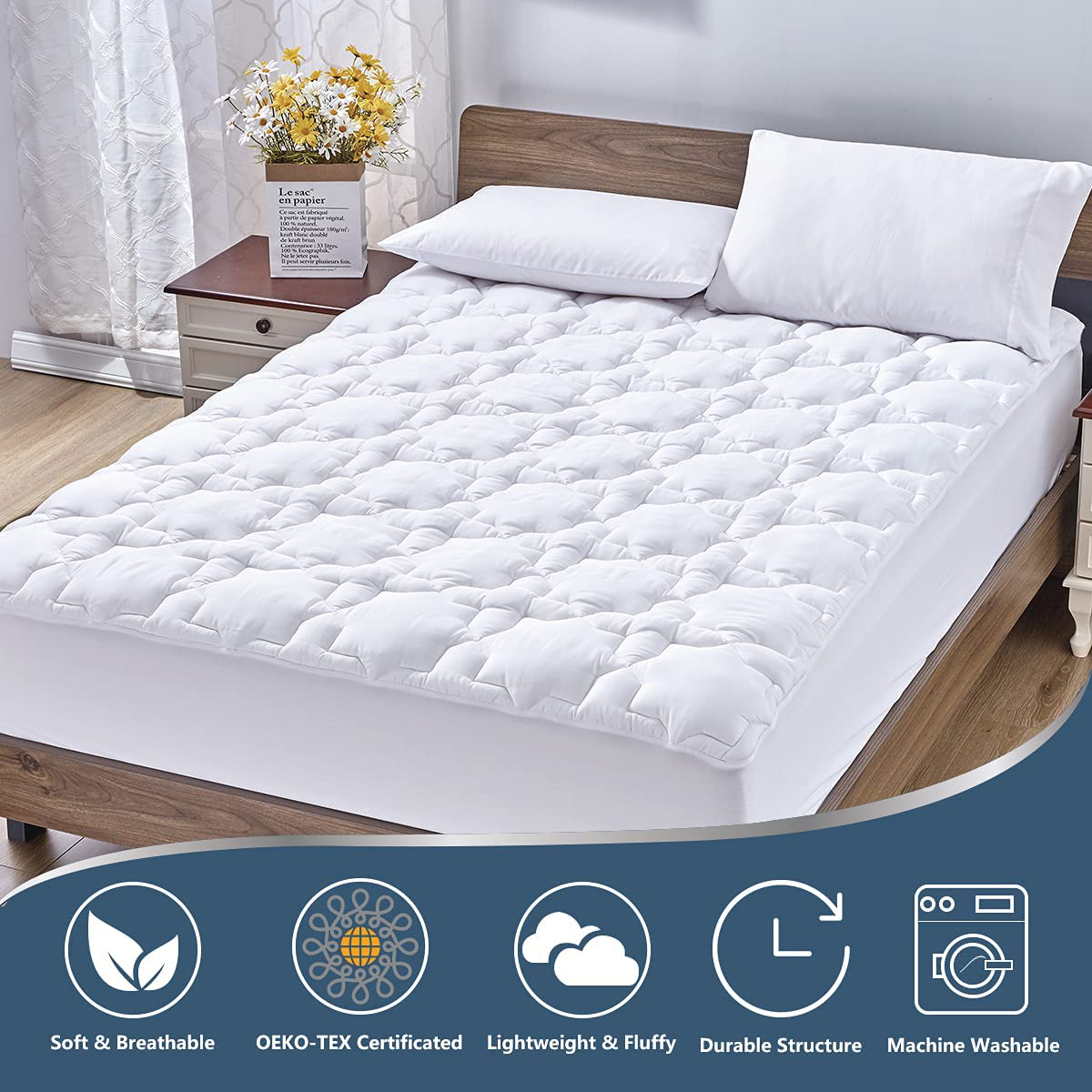CozyLux California King Mattress Pad Deep Pocket Non Slip Cotton Mattress Topper Breathable and Soft Quilted Fitted Mattress Cover Up to 18" Thick Pillowtop 450GSM Bed Mattress Pad White