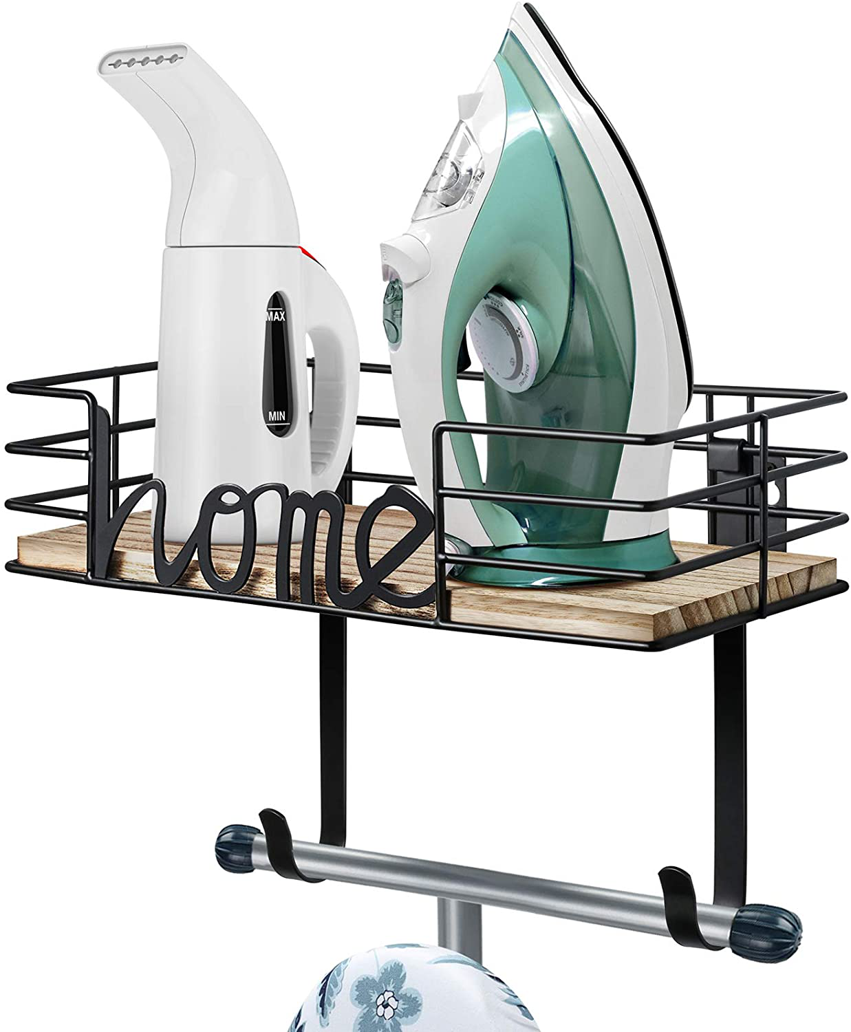 TJ.MOREE Laundry Room Decor-Ironing Board Hanger- Metal Wall Mount Iron and Ironing Board Holder, Laundry Room Organization and Storage with Large Storage Black Wooden Base Basket and Removable Hooks