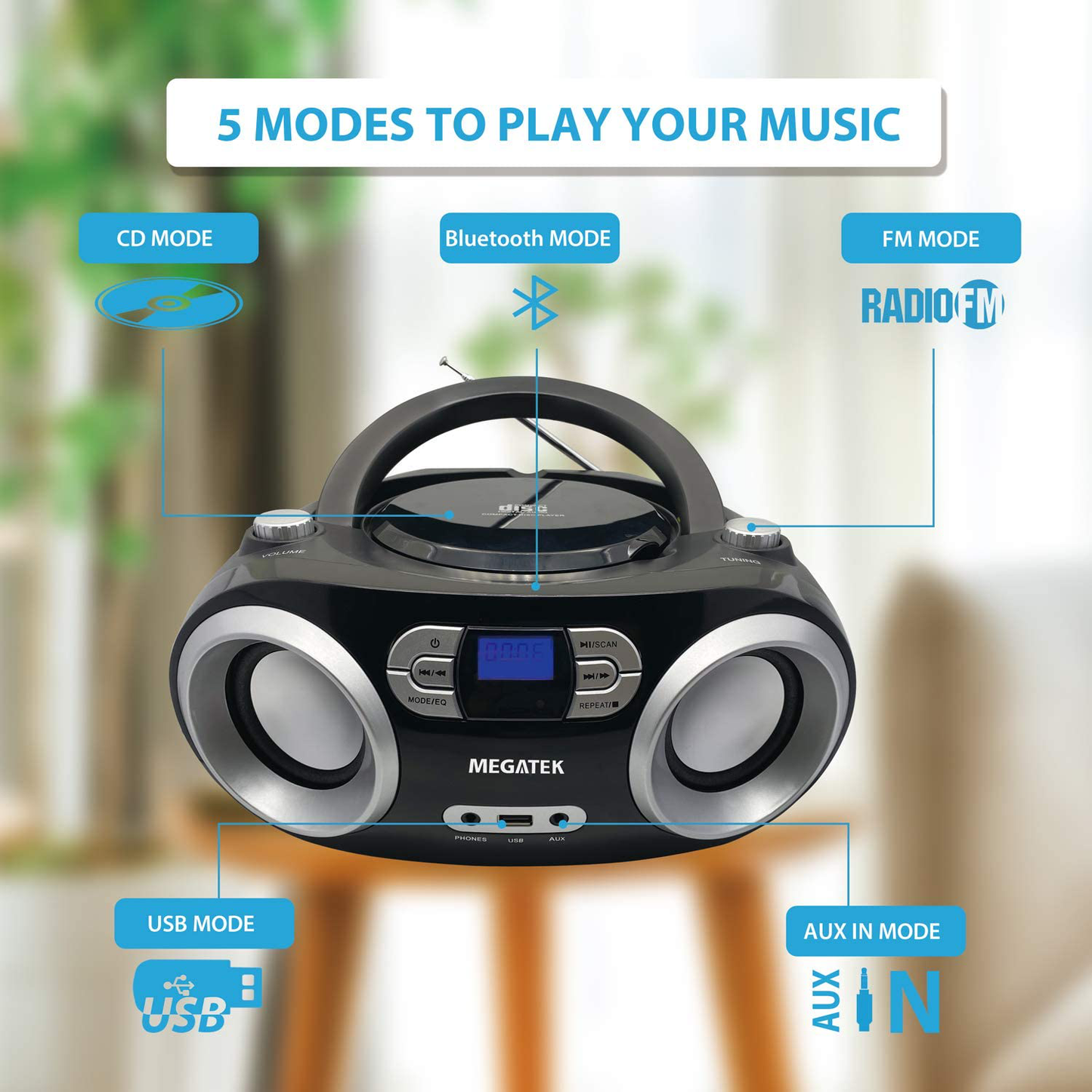 Megatek CB-M25BT Portable CD Player Boombox with FM Stereo Radio, Bluetooth Wireless & Enhanced Sound, CD-R/CD-RW/MP3/WMA Playback, USB Port, AUX Input, Headphone Jack, LCD Display, AC/Battery Powered