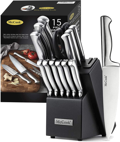 McCook MC29 Knife Sets,15 Pieces German Stainless Steel Kitchen Knife Block Sets with Built-in Sharpener