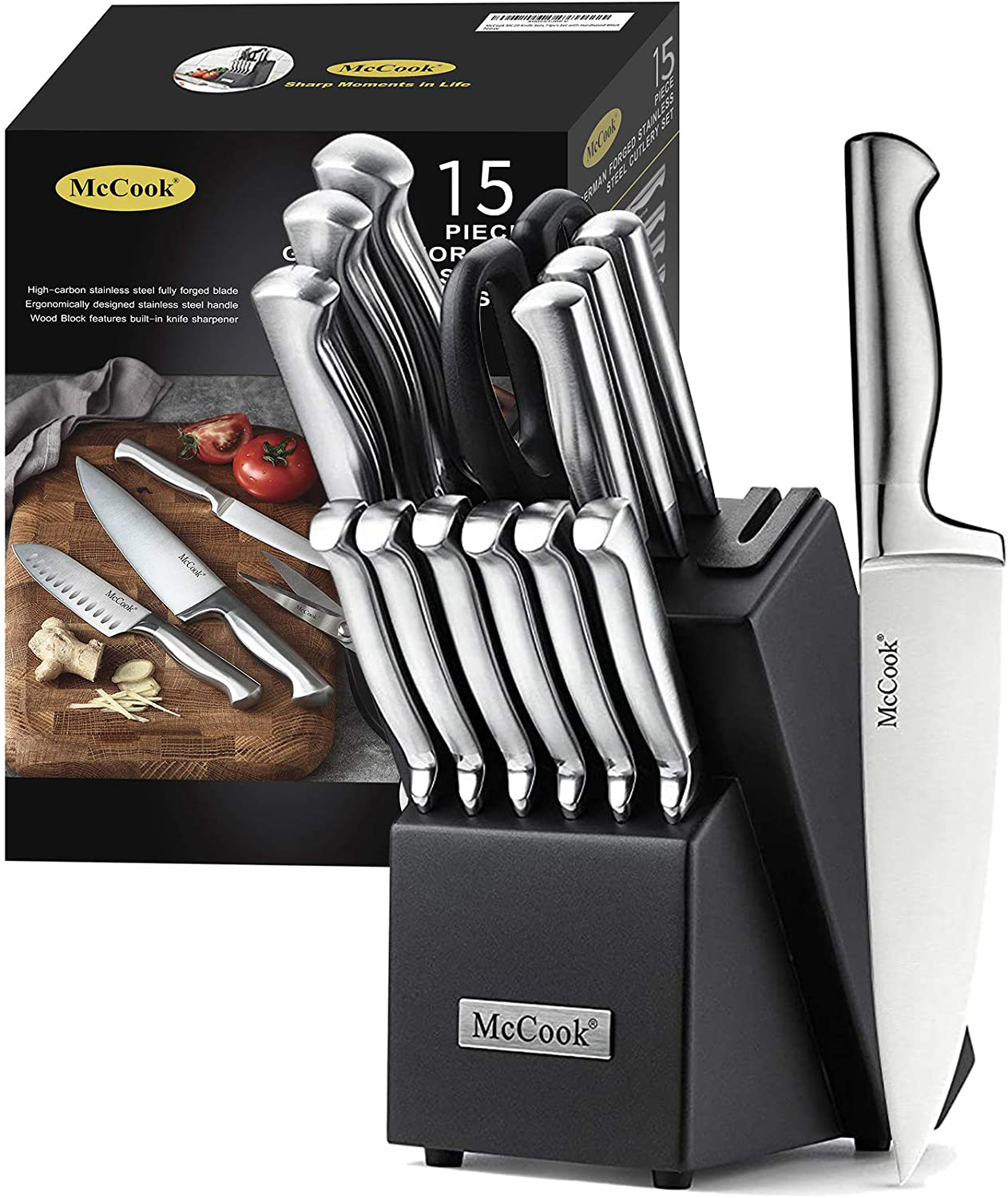 McCook MC29 Knife Sets,15 Pieces German Stainless Steel Kitchen Knife Block Sets with Built-in Sharpener