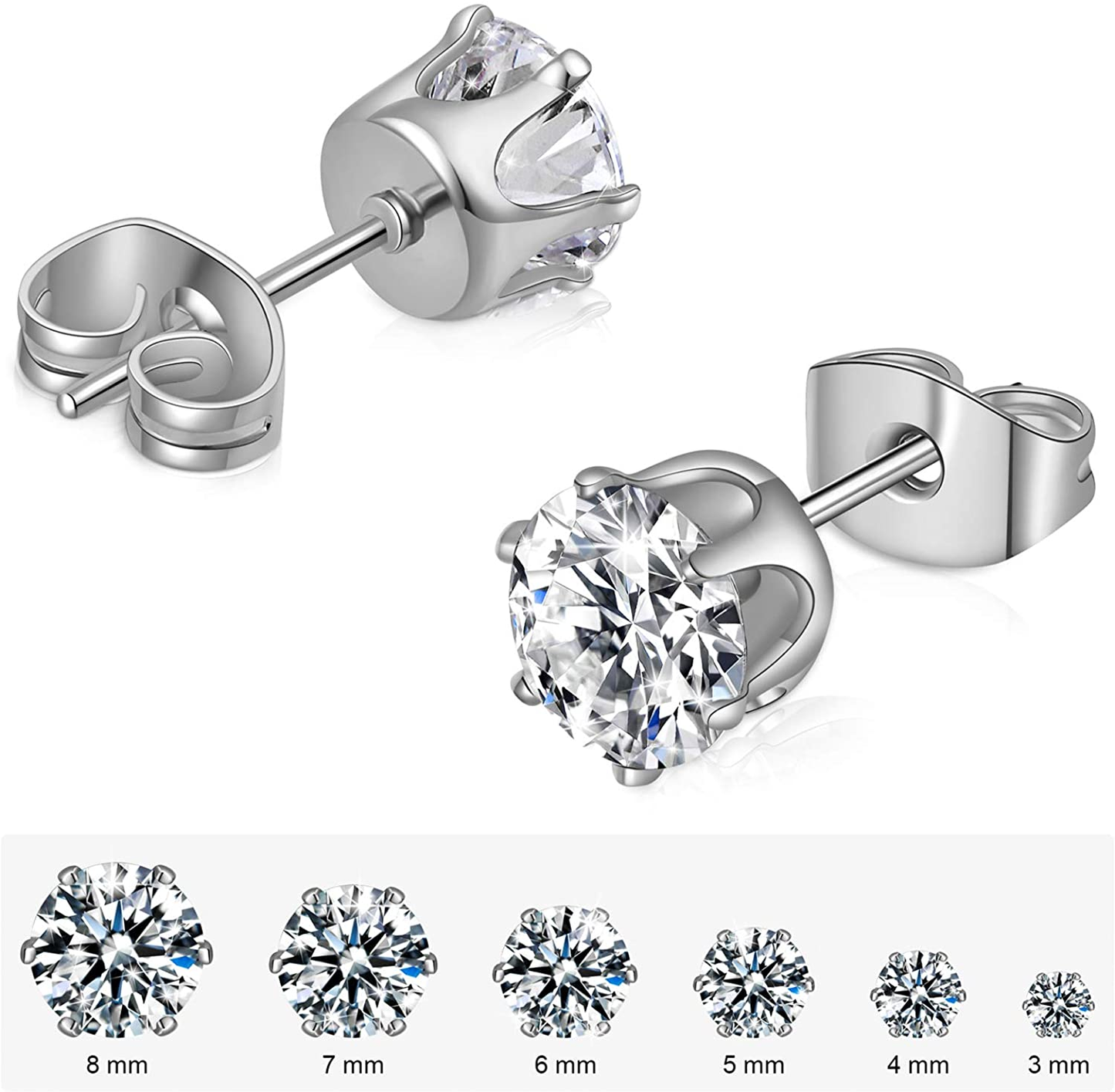 6 Pairs Stud Earrings Set,Clear Cubic Zirconia 316L Stainless Steel Earrings for Women for Men 3-8Mm
