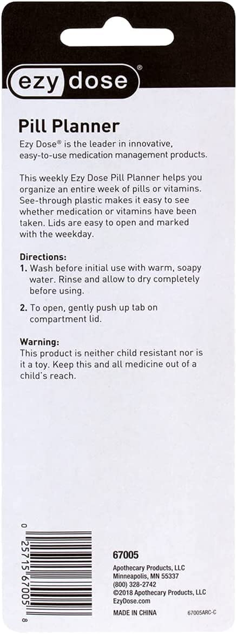 Ezy Dose Weekly (7-Day) Pill Organizer, Vitamin Case, and Medicine Box, Small Compartments, Color May Vary