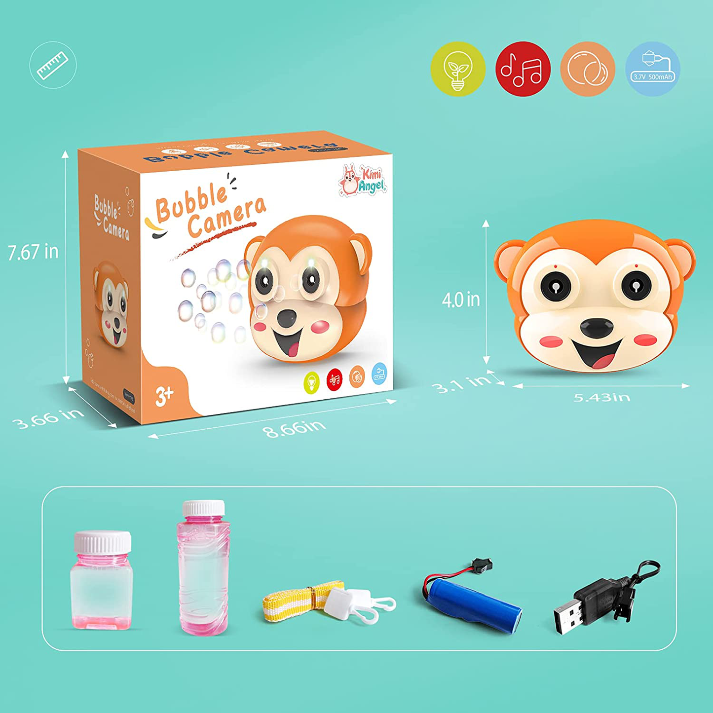 Kimiangel Rechargeable Bubble Machine for Kids, Monkey Automatic Bubble Camera Blower Toy with Light and Music for Parties, Weddings, Outdoor, 800+ Bubbles Per Minute Bubble Maker with Bubble Solution