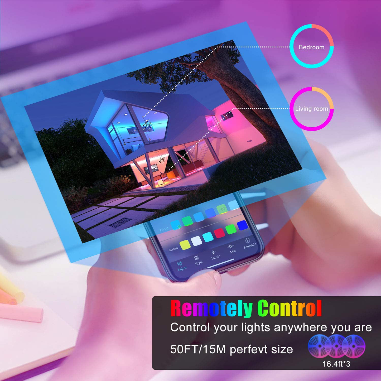 50ft Led Strip Lights, Keepsmile 5050 RGB Color Changing Led Light Strips, Led Lights for Bedroom, Kitchen, Home Decoration