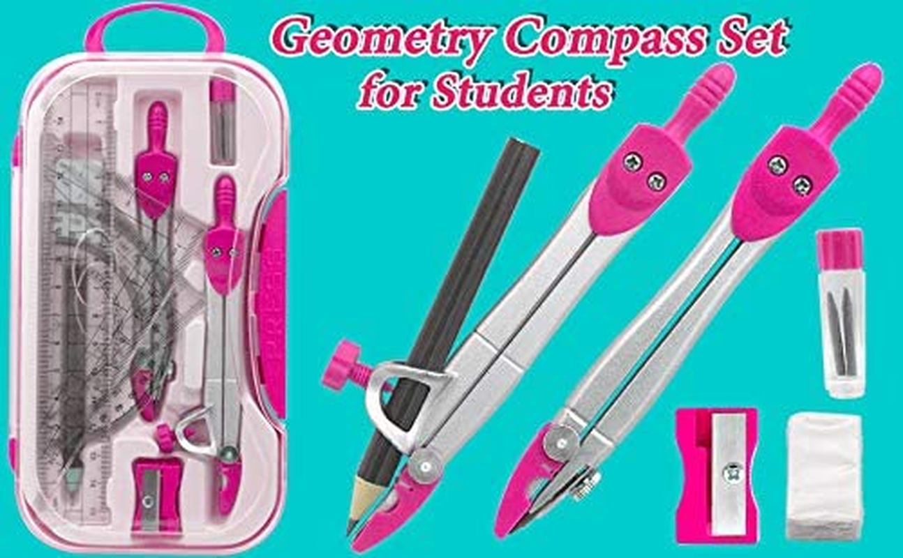 Geometry Set Maths Compasses for Students with Compasses Protractor in Carry Case, Pink
