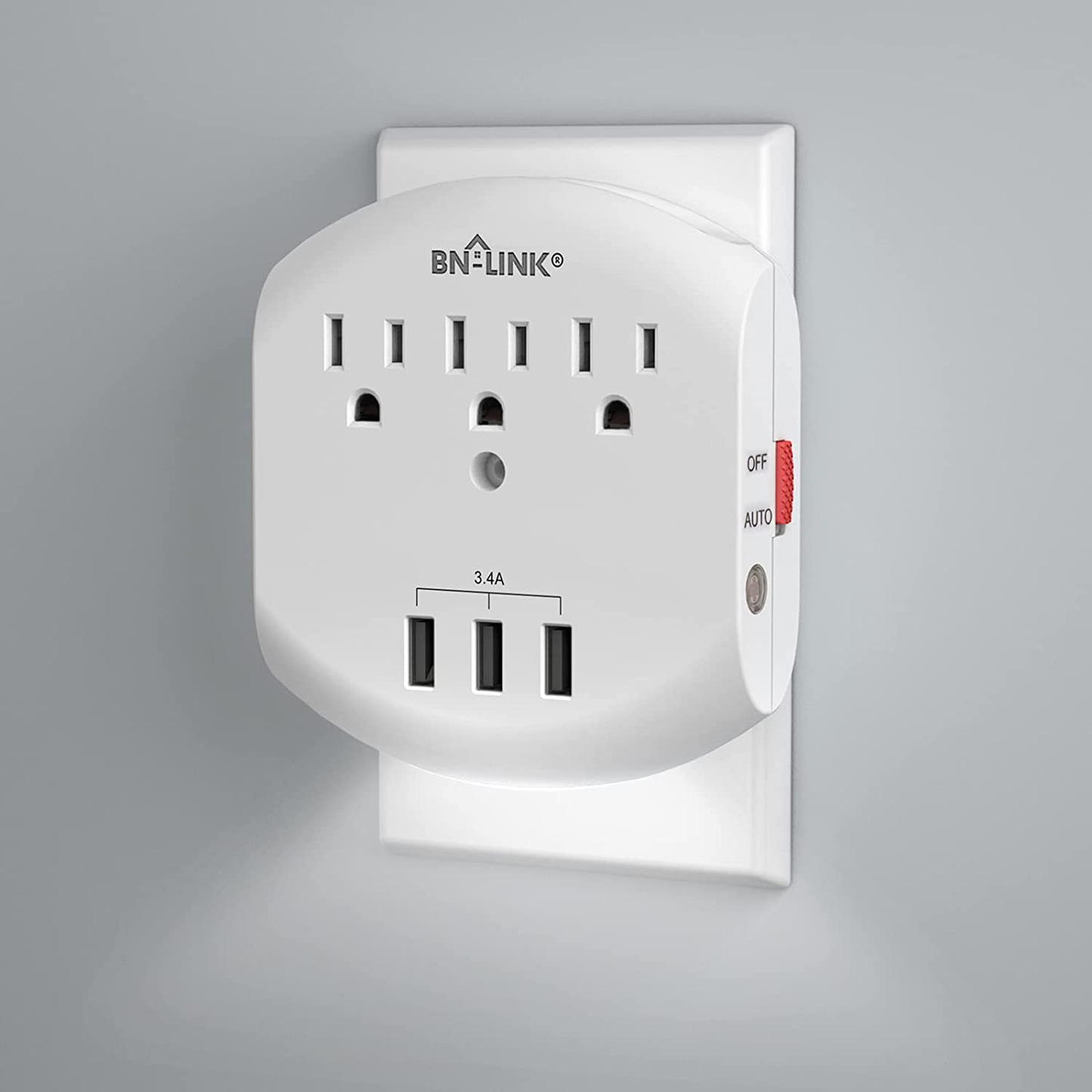 Multi Plug Outlet, USB Wall Charger Surge Protector with 3 Outlets, 3 USB Charging Ports(Total 3.4A) and Auto Sensor LED Night Light, Wall Plug Adapter for Traveling, Home, School, Office