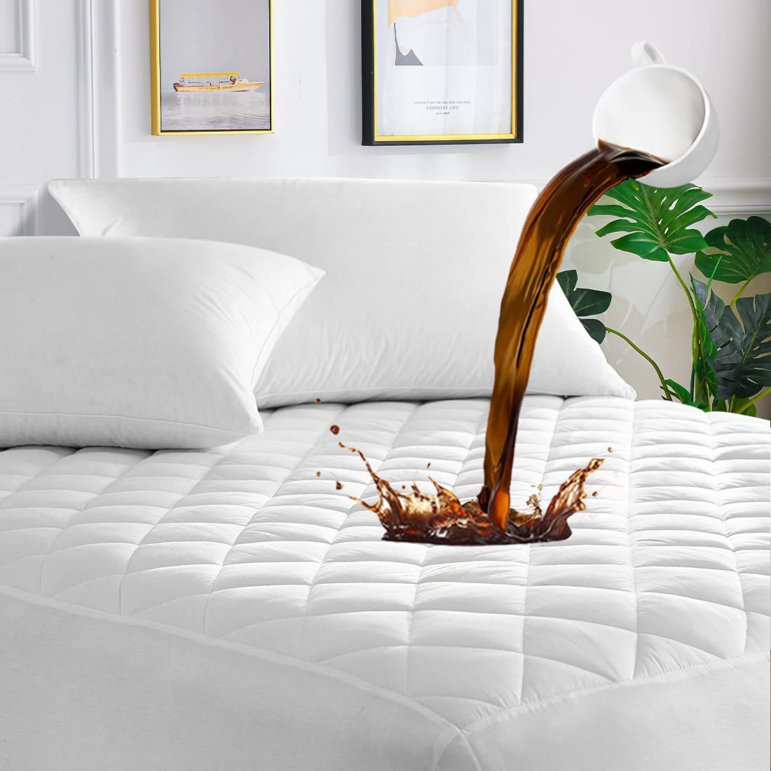 UNILIBRA 100% Waterproof Quilted Mattress Pad Queen Size, 6''-25'' Deep Pocket Fitted Mattress Protector Cover, Breathable, Hollow Cotton Alternative Filling Mattress Topper