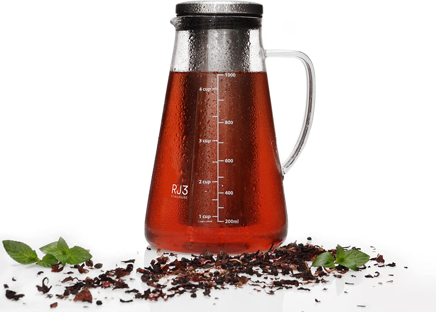 Airtight Cold Brew Iced Coffee Maker (& Iced Tea Maker) with Spout – 1.5L/ 51oz Ovalware RJ3 Brewing Glass Carafe with Removable Stainless Steel Filter