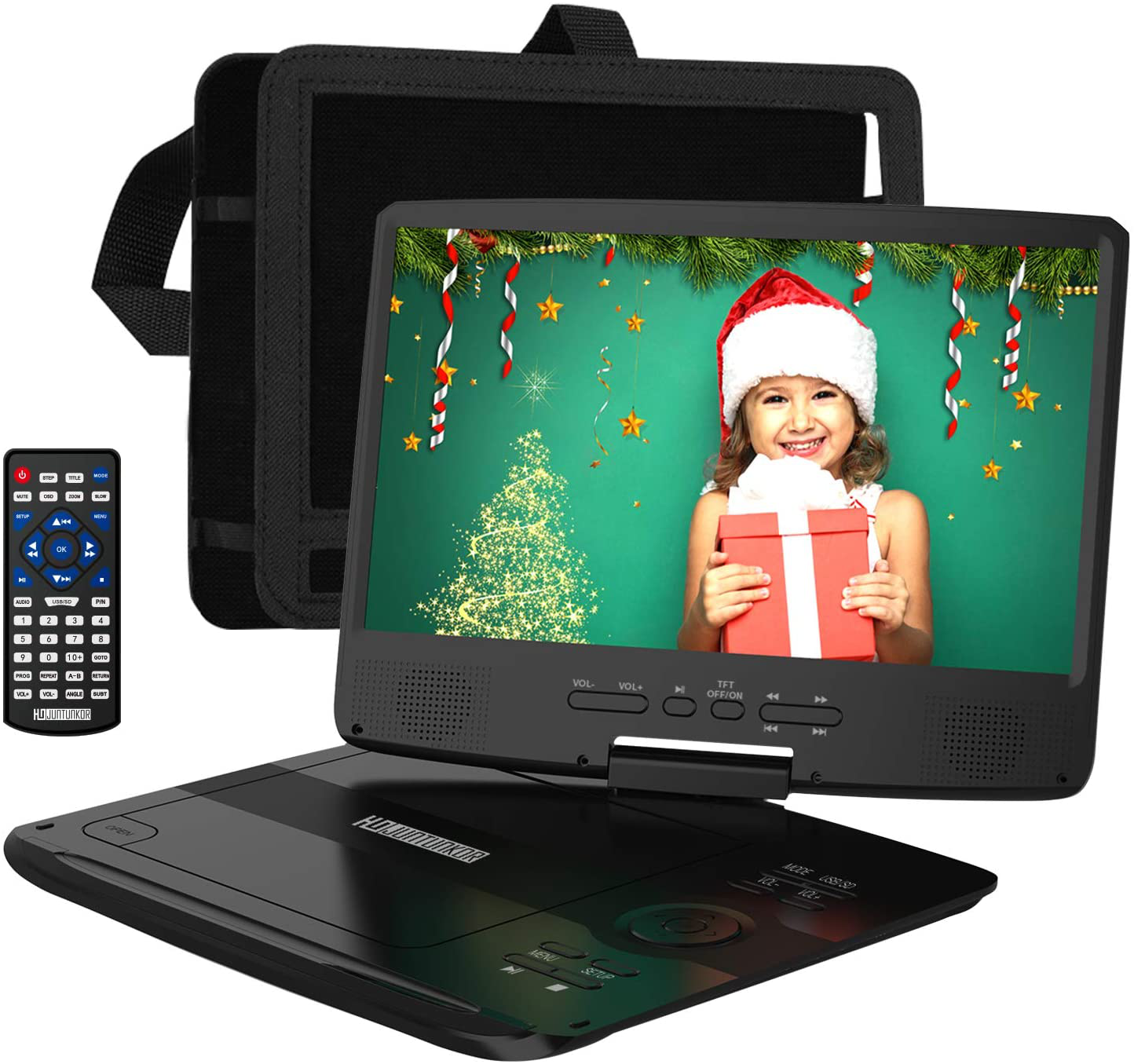 HDJUNTUNKOR Portable DVD Player 12.5" with 10.1" HD Swivel Display Screen, 5 Hour Rechargeable Battery, Support CD/DVD/SD Card/USB, Car Headrest Case, Car Charger, Unique Extra Button Design