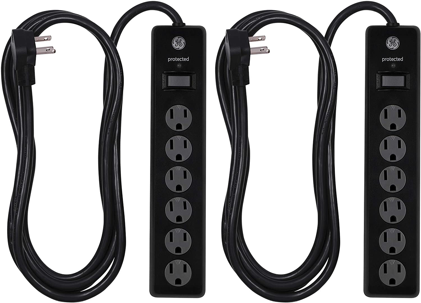 GE 6 Outlet Surge Protector, 10 Ft Extension Cord, Power Strip, 800 Joules, Flat Plug, Twist-to-Close Safety Covers, White, 14092