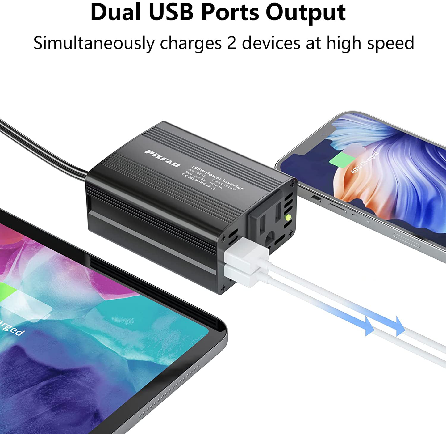 Pisfau 150W Power Inverter 12V DC to 110V AC Car Plug Adapter Outlet Converter with 3.1A Dual USB AC Car Charger for Laptop Computer, Black (MT-MX150)