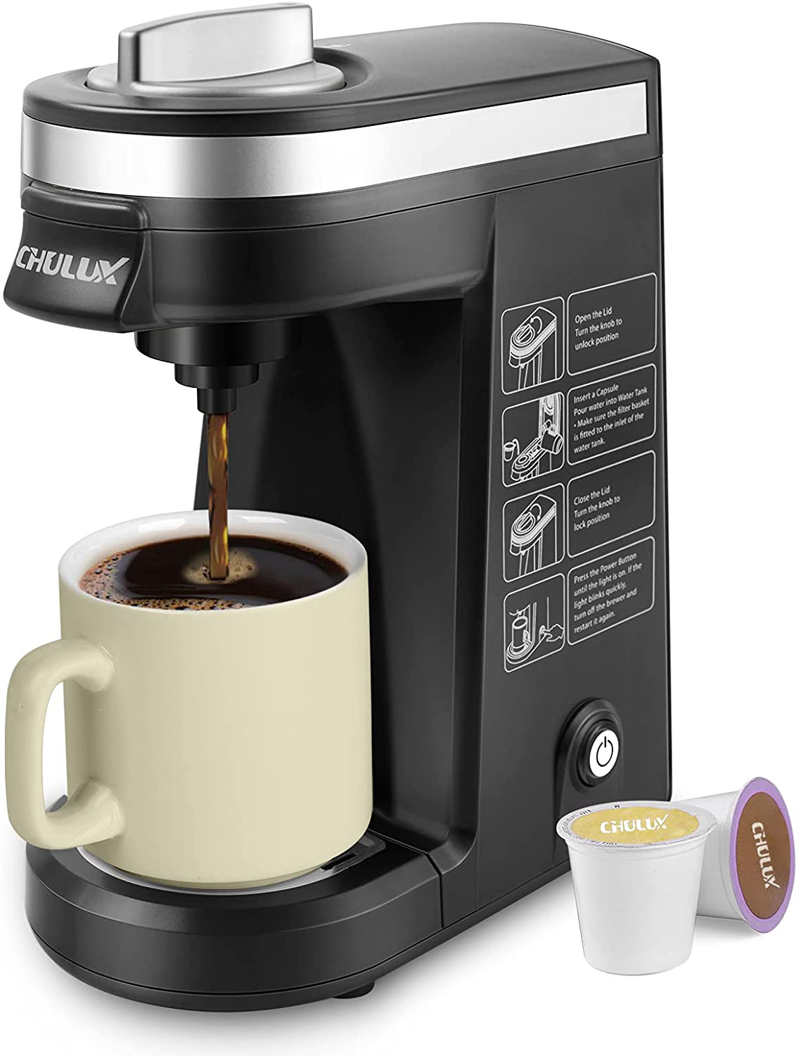 CHULUX Single Serve Coffee Brewer for Pod Capsule with 12 Ounce Built-in Water Tank,800 Watts,Gray