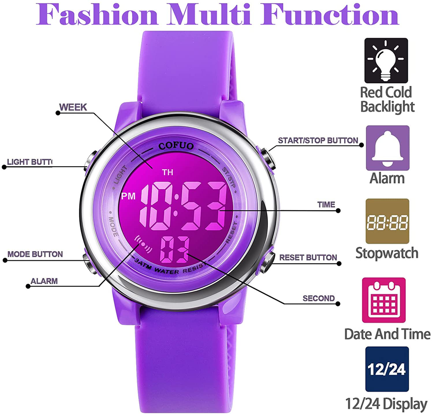 Kids Digital Sport Waterproof Watch for Girls Boys, Kid Sports Outdoor LED Electrical Watches with Luminous Alarm Stopwatch Child Wristwatch