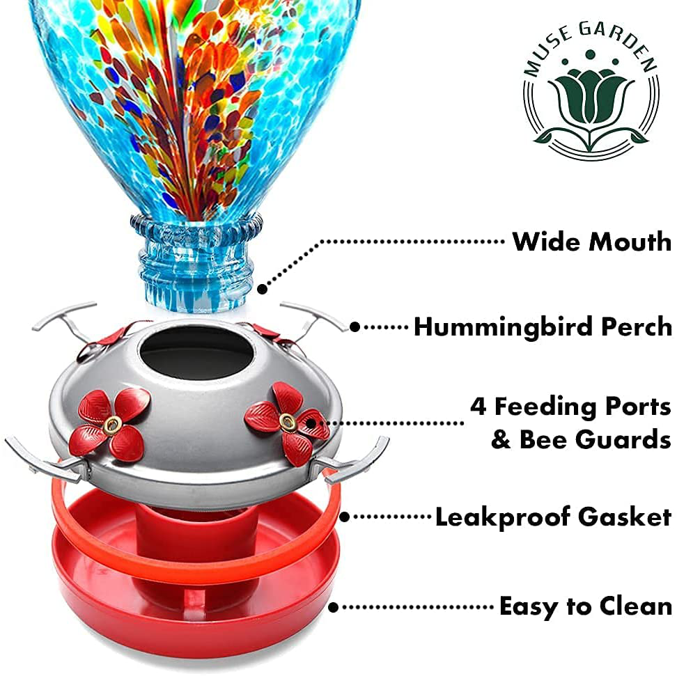 Muse Garden Hummingbird Feeder for Outdoors, Hand Blown Glass, 34 Ounces, Containing Ant Moat, Comet