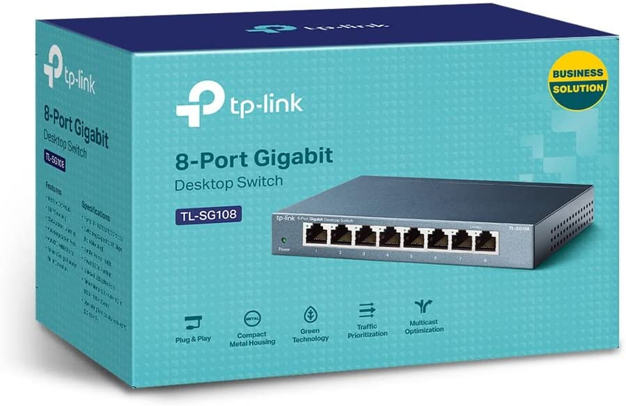 Tp-Link TL-SG108 | 8 Port Gigabit Unmanaged Ethernet Network Switch, Ethernet Splitter | Plug & Play | Fanless Metal Design | Shielded Ports | Traffic Optimization | Limited Lifetime Protection