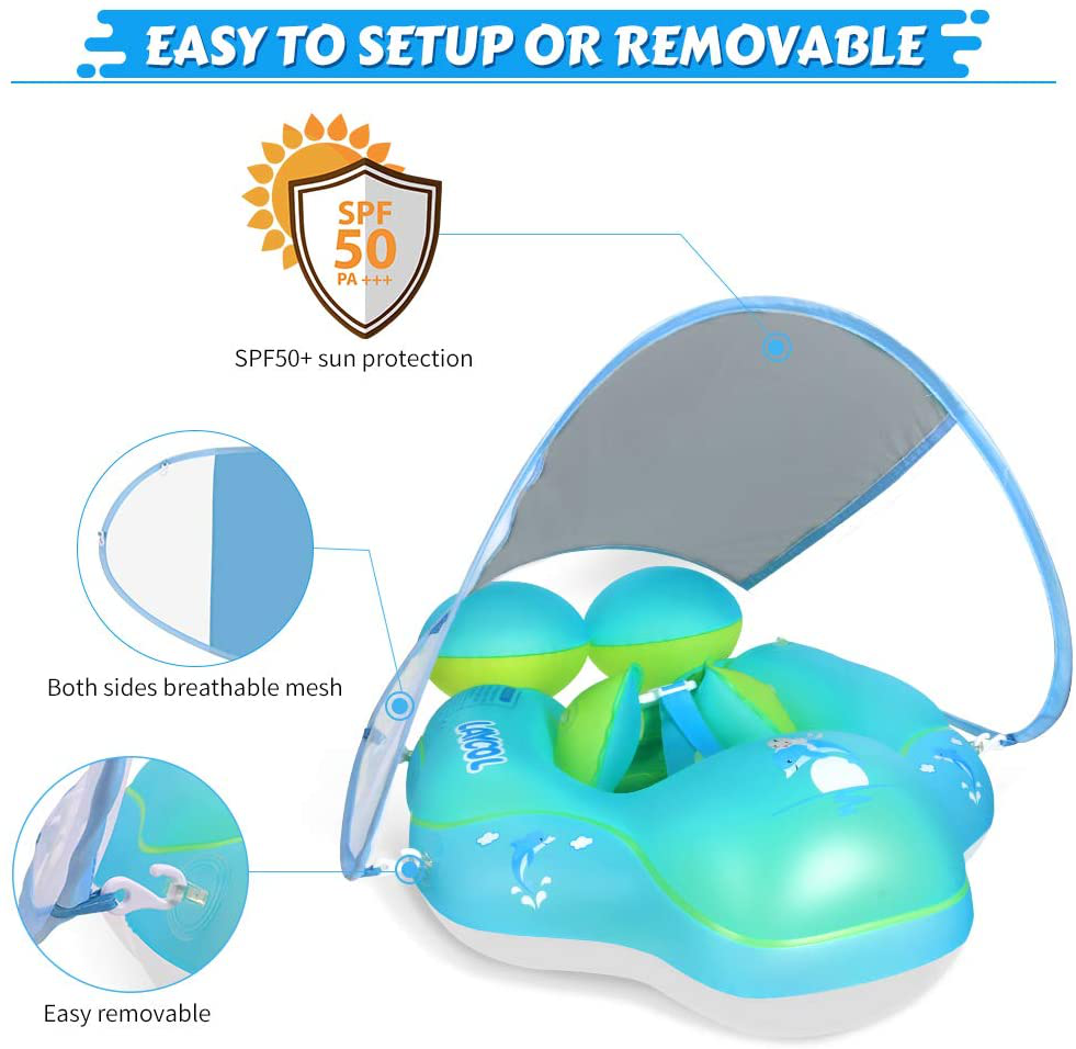 LAYCOL Baby Swimming Pool Float with Removable UPF 50+ UV Sun Protection Canopy,Toddler Inflatable Pool Float for Age of 3-36 Months,Swimming Trainer (Blue, S)