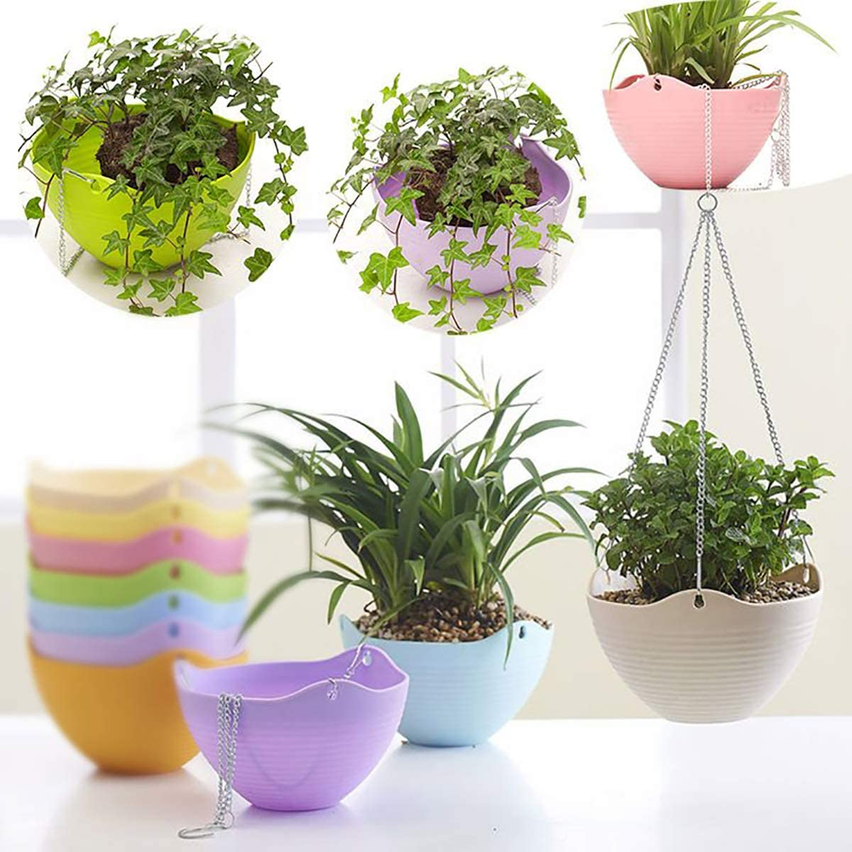 Set of 7 Colors Self-Watering Hanging Planter Indoor Outdoor Garden Flower Plant Pot Container with Drainer and Hanging Chain