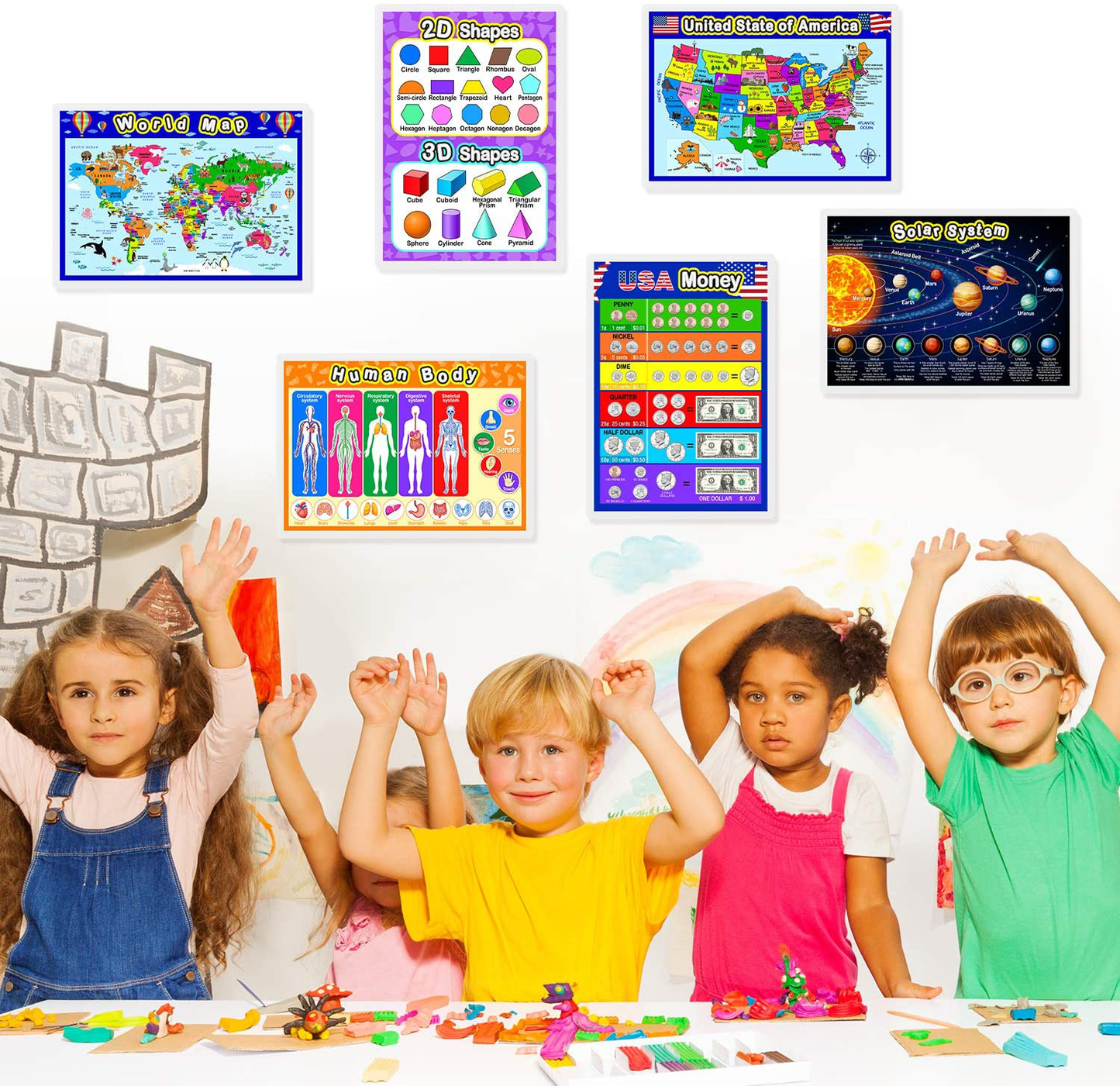 Fully Laminated Preschool Educational Posters for Kids and Toddlers, Nursery Homeschool Pre-K Kindergarten (4 Pieces, World Map, USA Map, Solar System, Human Body)