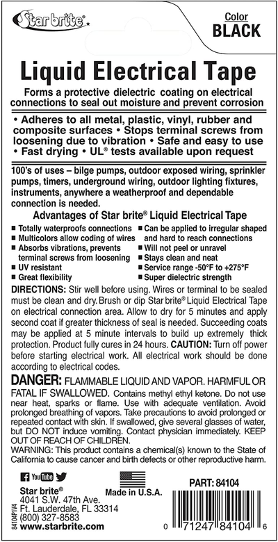 Star Brite Liquid Electrical Tape - 4 Oz Can with Applicator Brush Cap - Protective, Airtight, Waterproof, Flexible, Dielectric Coating - Indoor & Outdoor Use