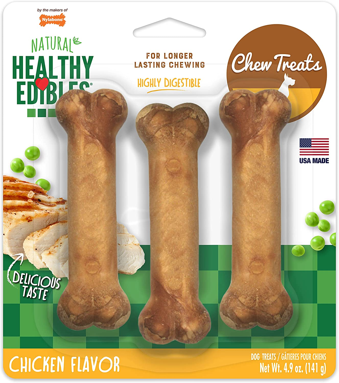 Nylabone Healthy Edibles All-Natural Long Lasting Bacon Flavor Chew Treats 3 Count Bacon Small/Regular