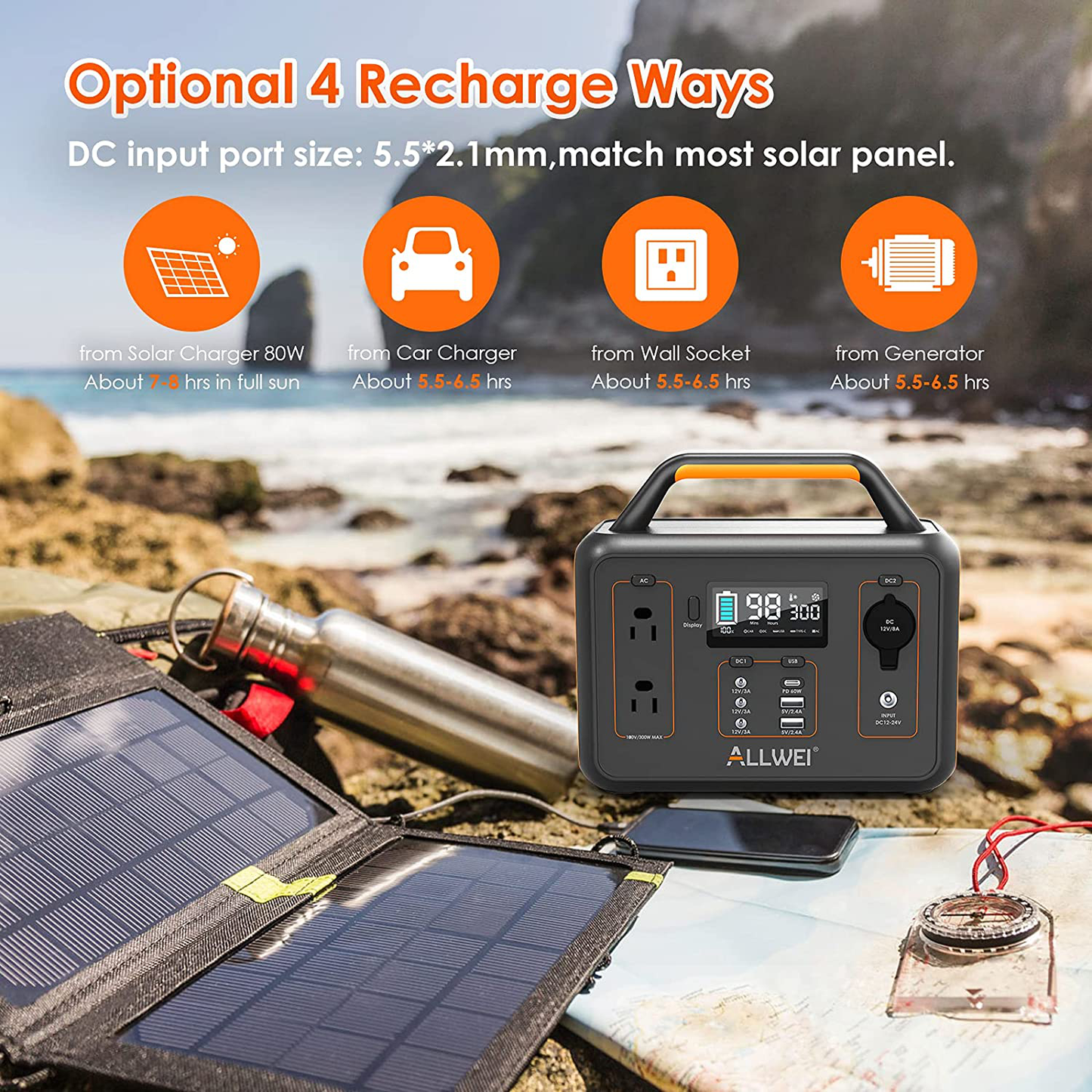 ALLWEI Portable Power Station, 300W/Peak 600W Solar Generator 280Wh/78000mAh CPAP Backup Lithium Battery Pack with LED light,Pure Sine Wave AC Outlet,PD 60W,for Outdoors Camping Travel Emergency