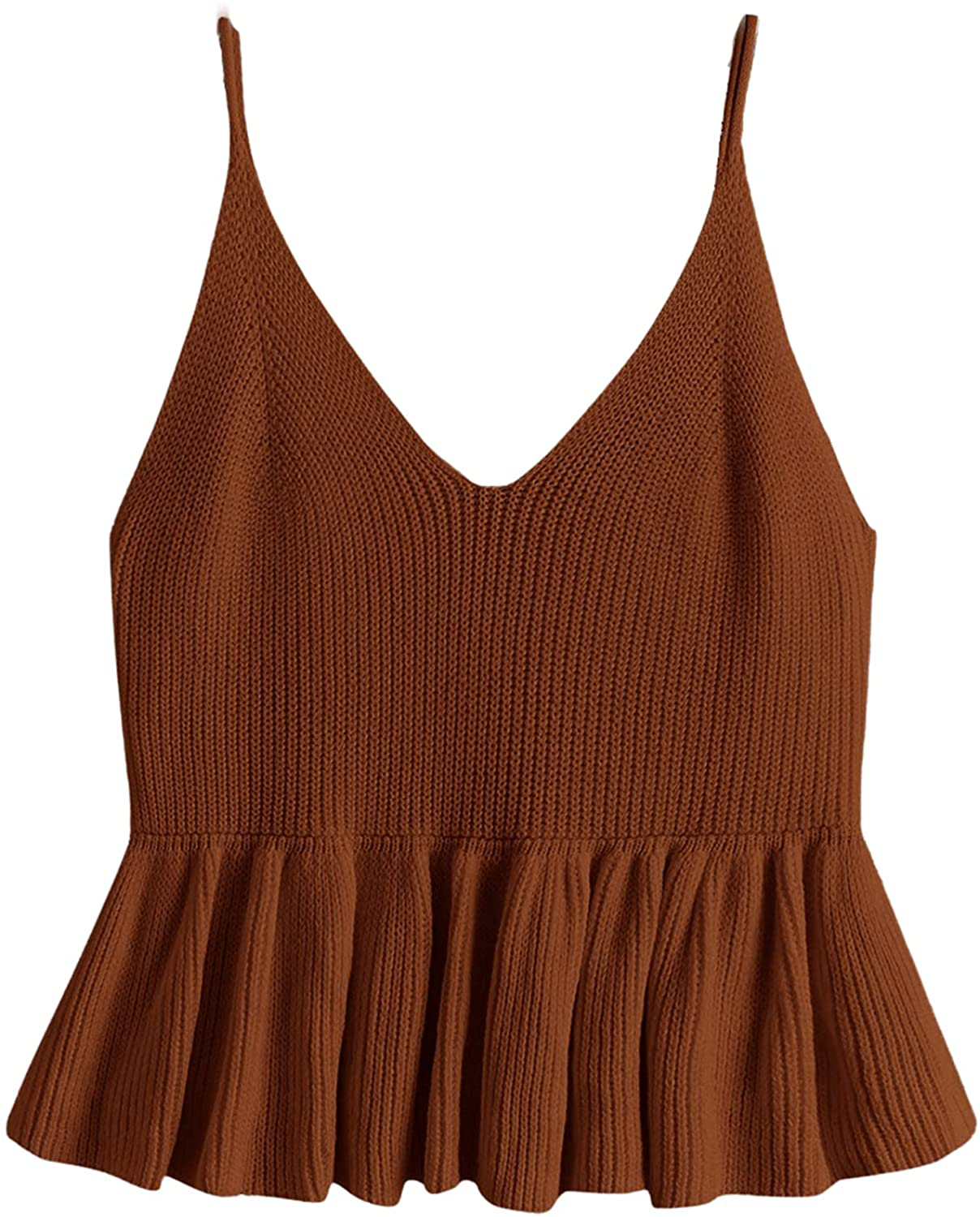 SweatyRocks Women's Casual Knit Top Sleeveless Ruffle Hem V Neck Peplum Crop Tank Top