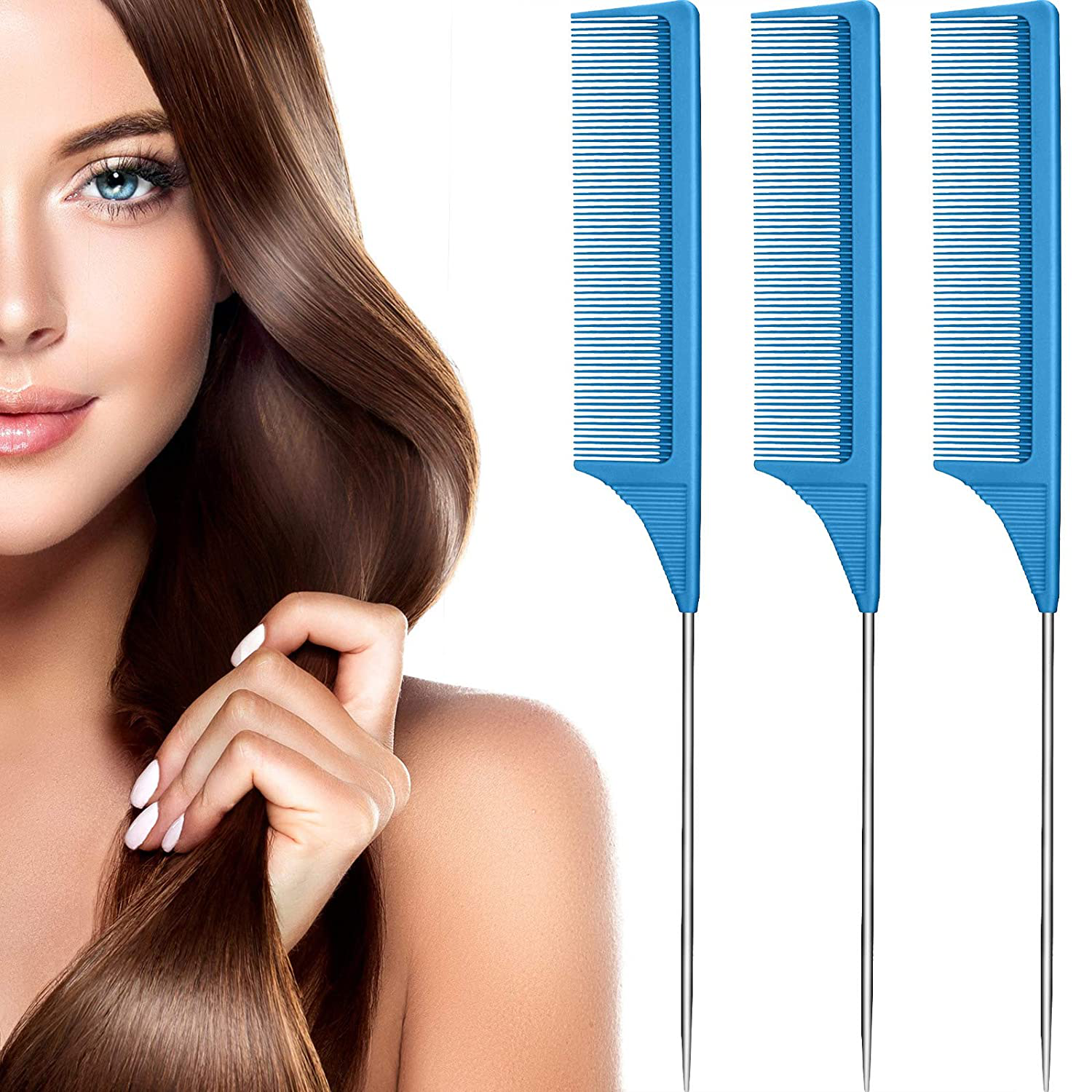 3 Packs Rat Tail Comb Steel Pin Rat Tail Carbon Fiber Heat Resistant Teasing Combs with Stainless Steel Pintail