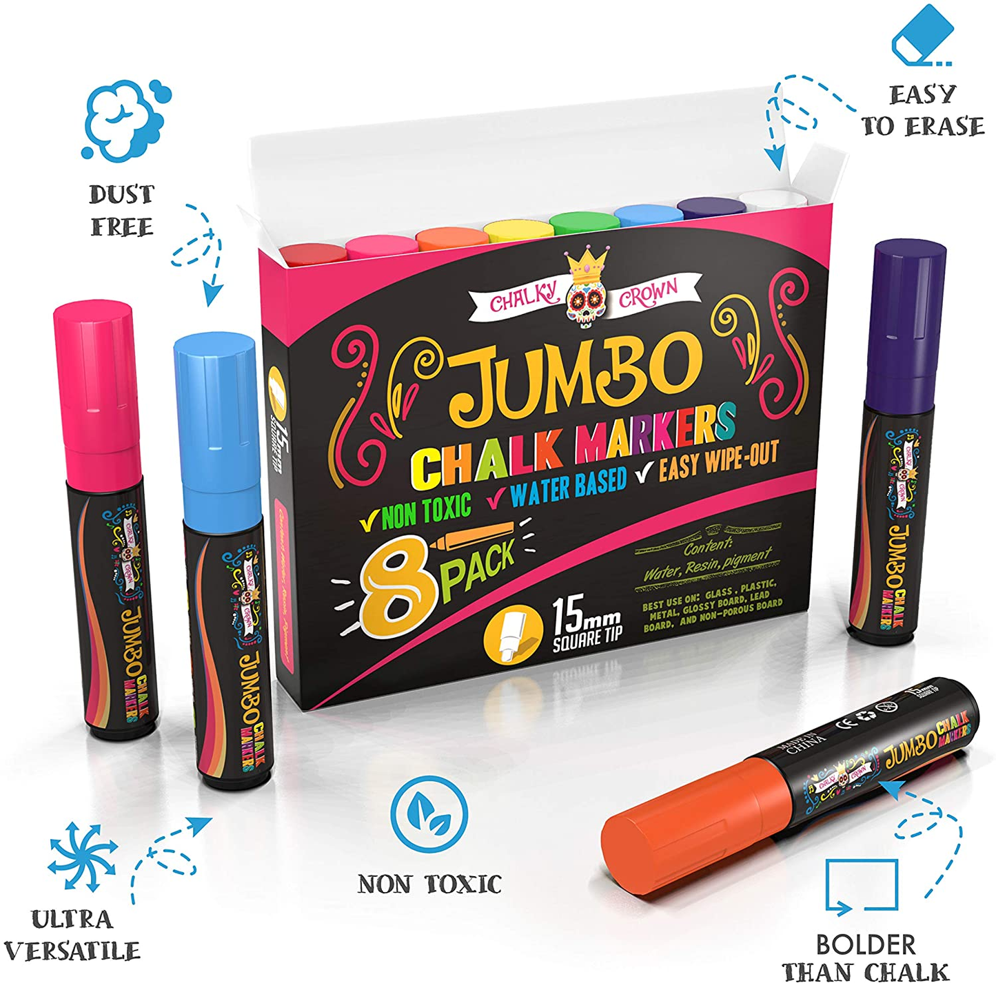 Jumbo Liquid Chalk Markers - Bold Chalk Markers for Chalkboards, Window Markers, Chalk Pens for Signs, Blackboard, Glass - Square Reversible Tip - 24 Chalkboard Labels Included (15Mm, 8 Pack)